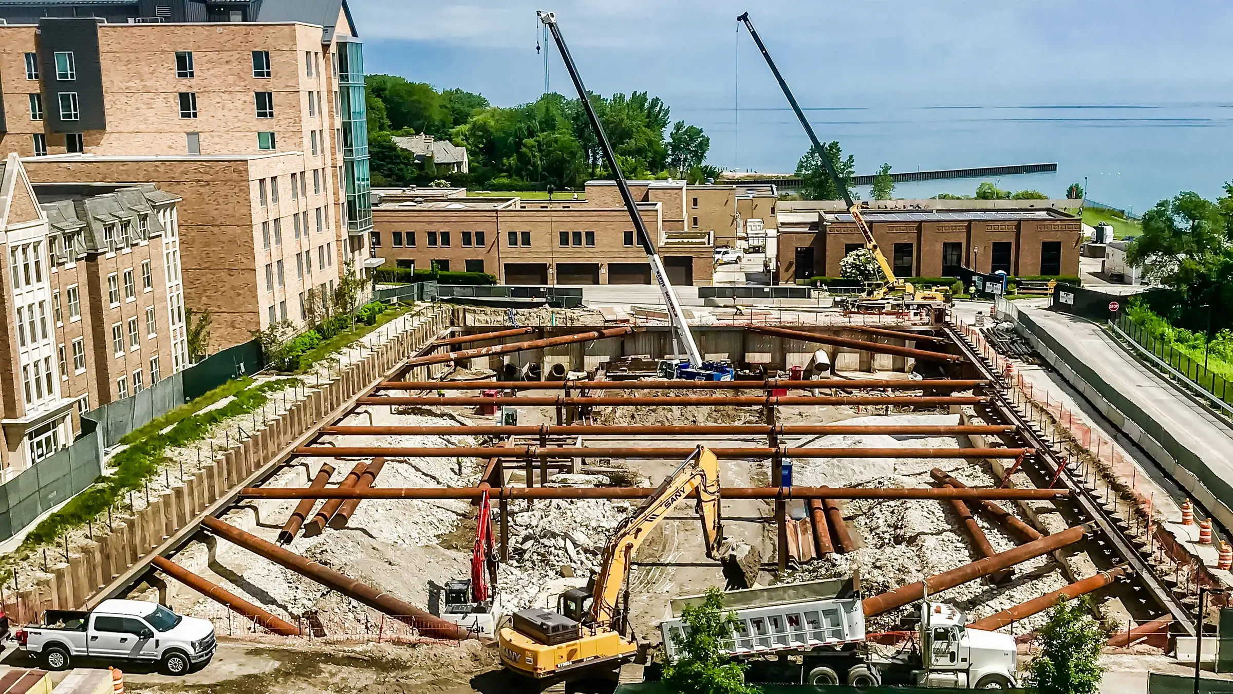 Foundations jobsite in a town near water