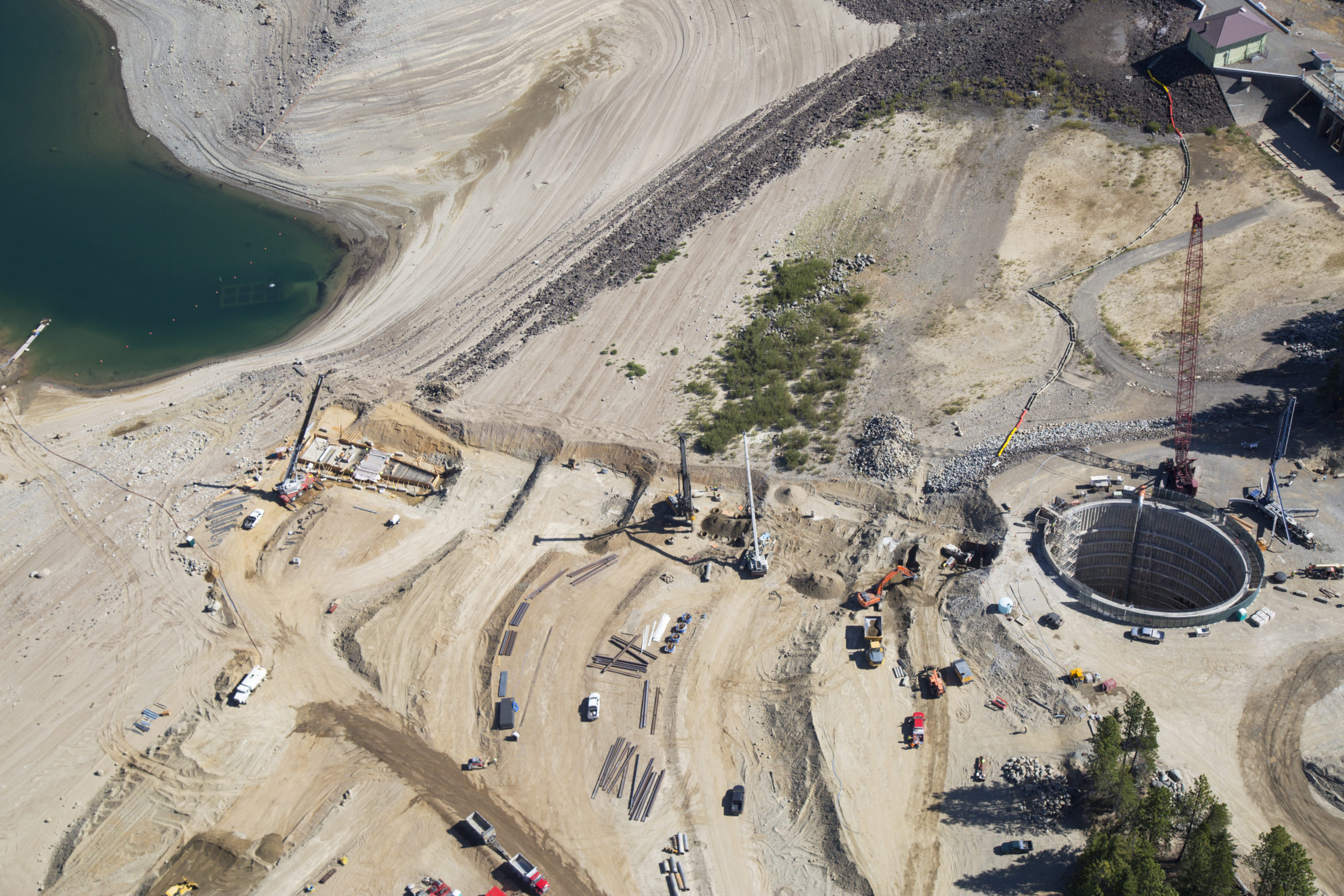 An aerial view of the construction site near the water in Cle Elum, Washington.