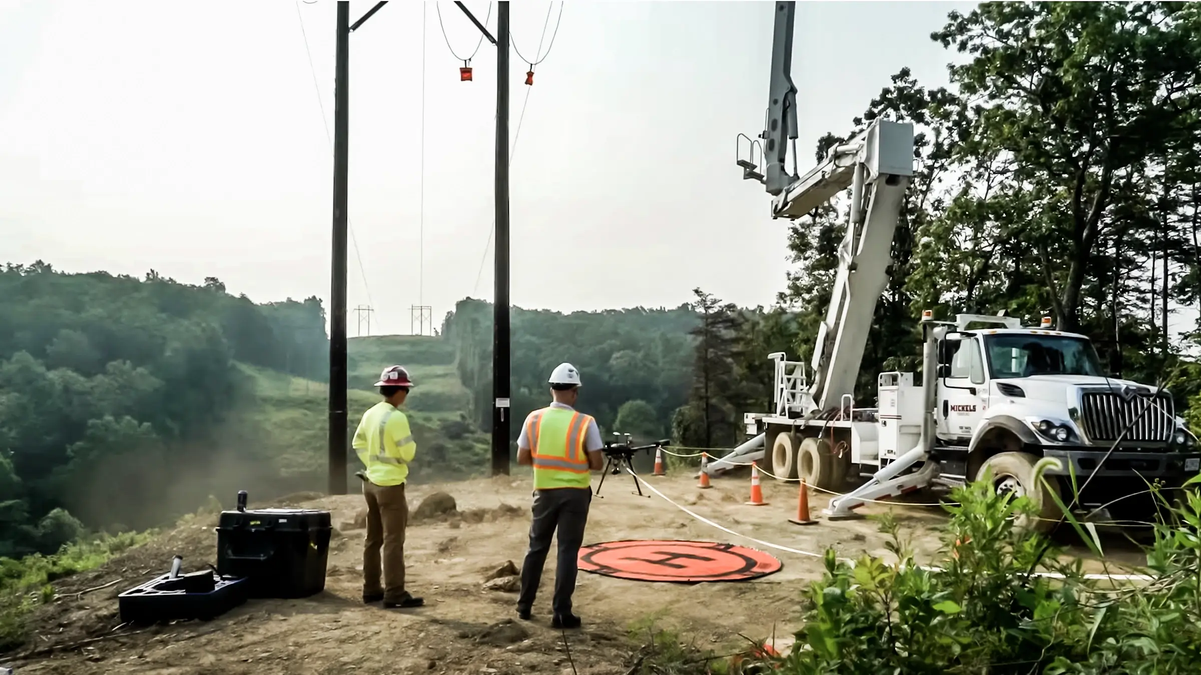 A Michels crew uses a drone to assist in a transmission line project.