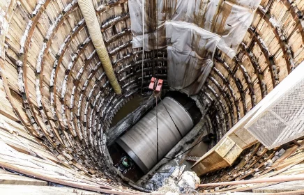 Tunnel is lowered into shaft by crane