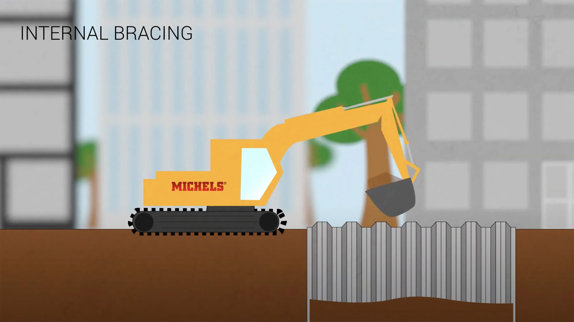 An animated excavator performs the job of internal bracing.