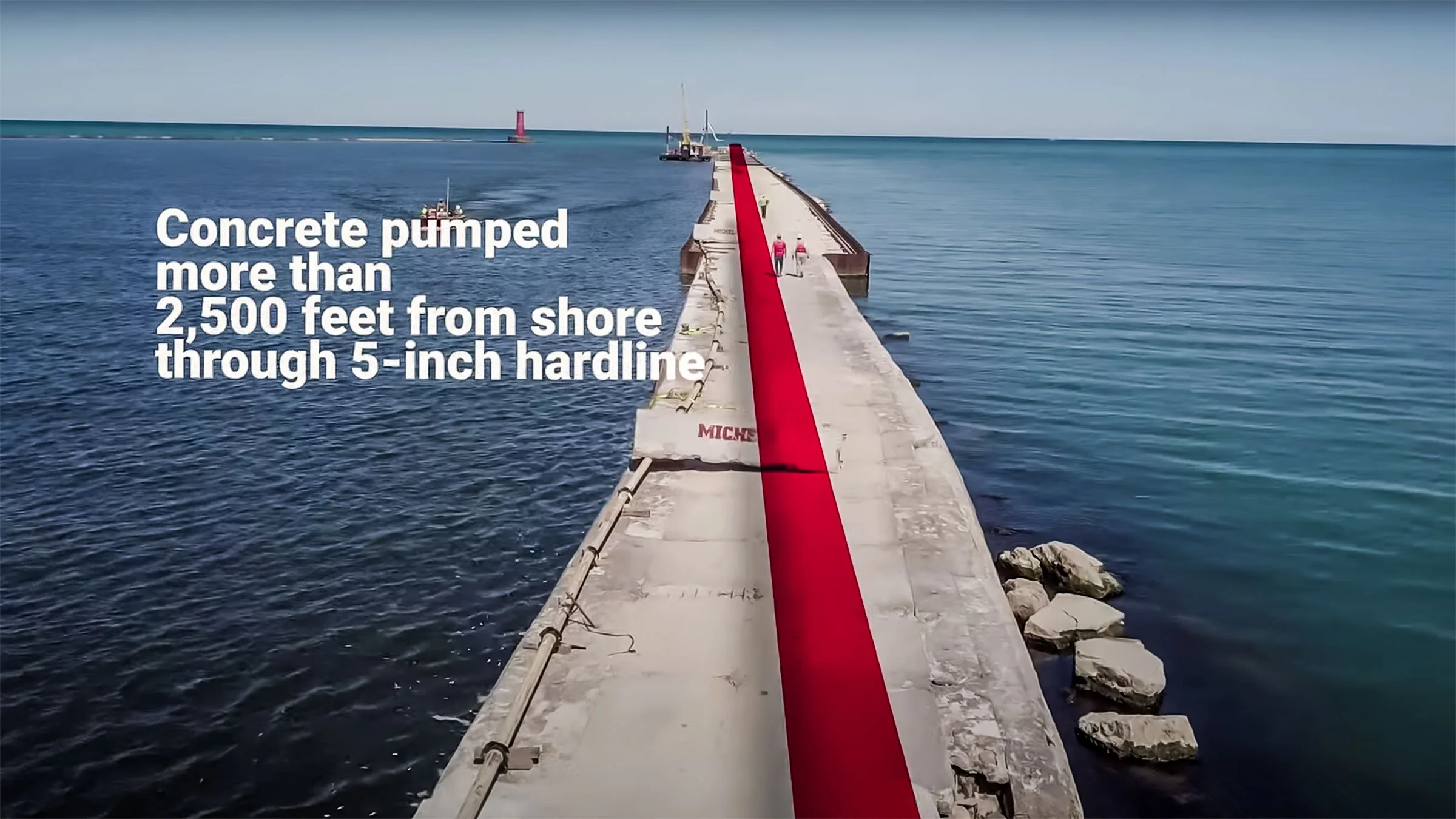 A long concrete pier extends into Lake Michigan