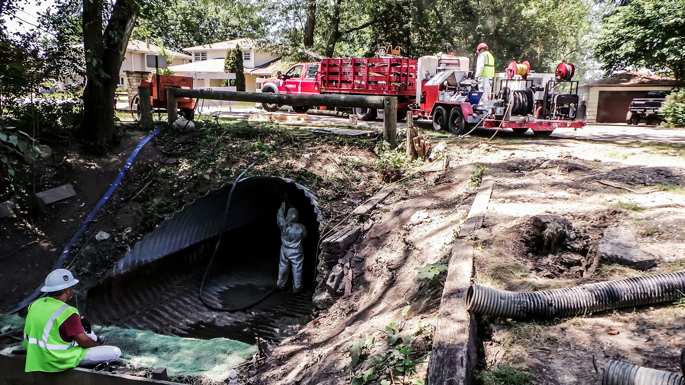 Trenchless crew prepares to spray geopolymer mortar in Lucas ditch culvert