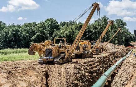 Crew operating sidebooms adjust pipeline in trench on Nexus project