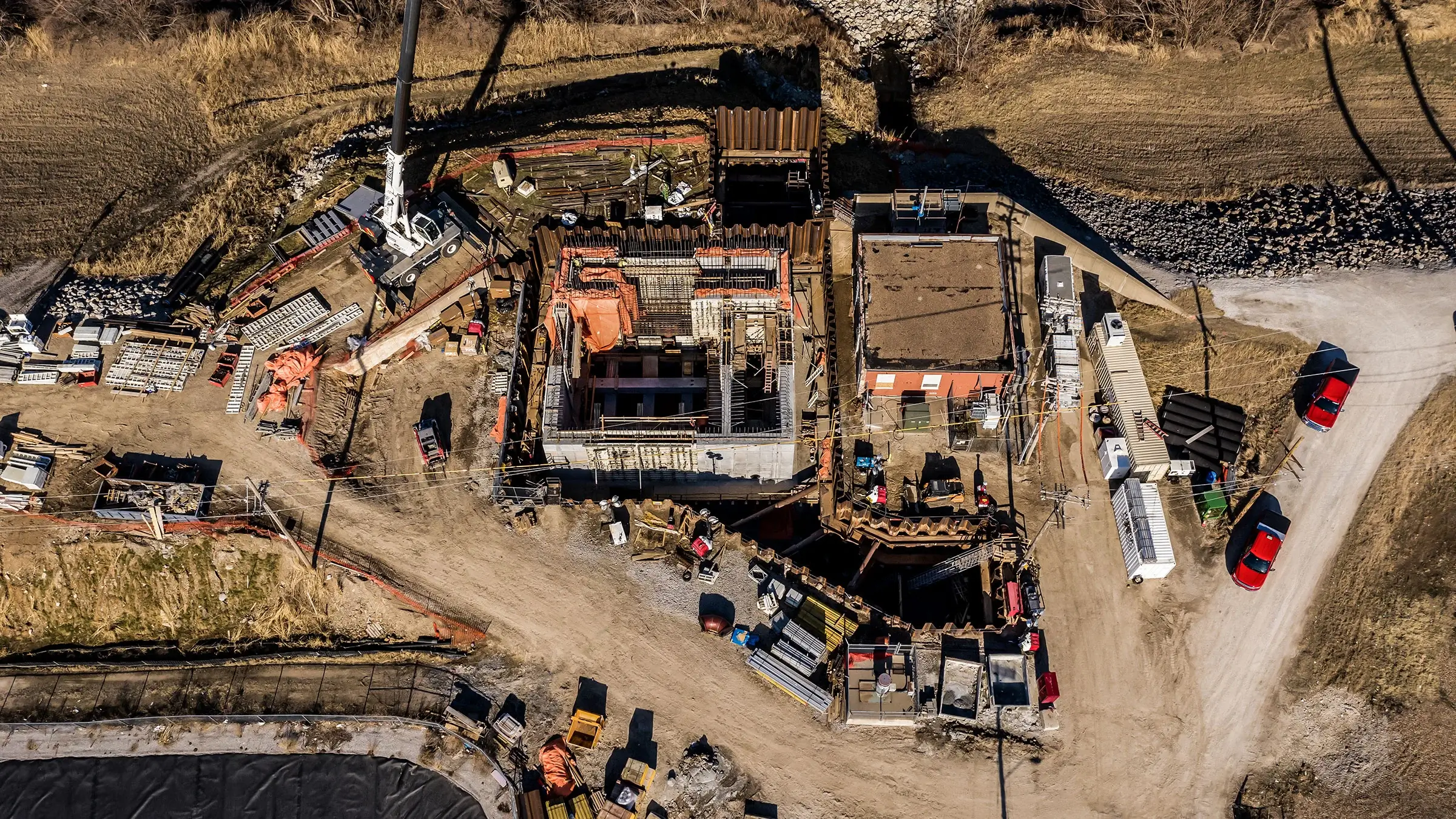 Aerial photo of the infrastructure team working on a project.