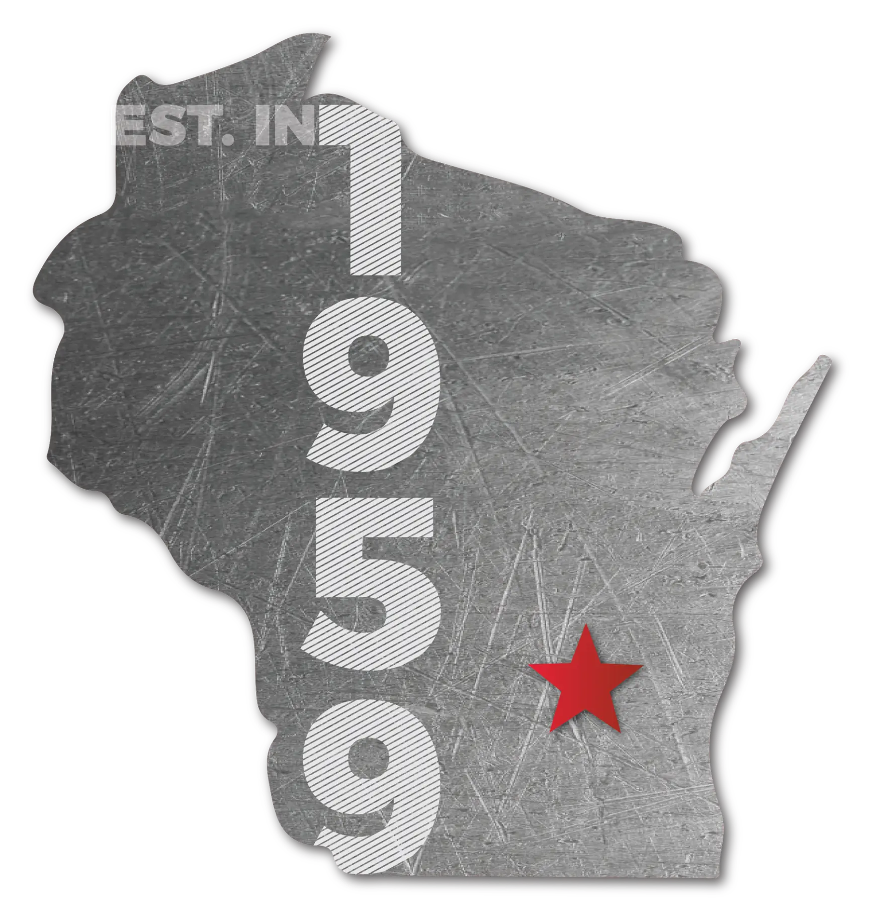 Metal Wisconsin state outline with established 1959 written in the middle.