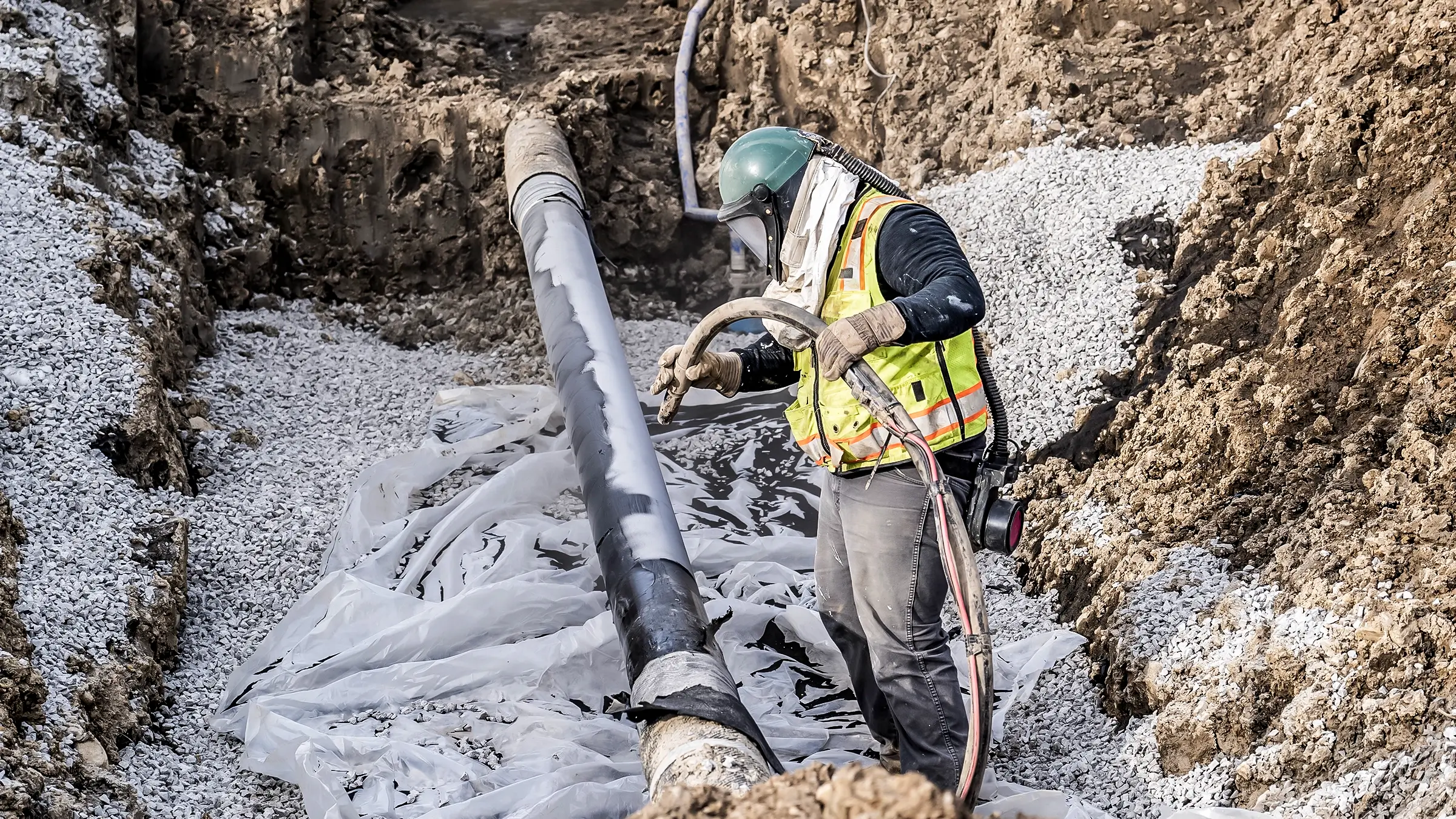 A crew member wearing a ventilation mask performs a pipe integrity assignment.