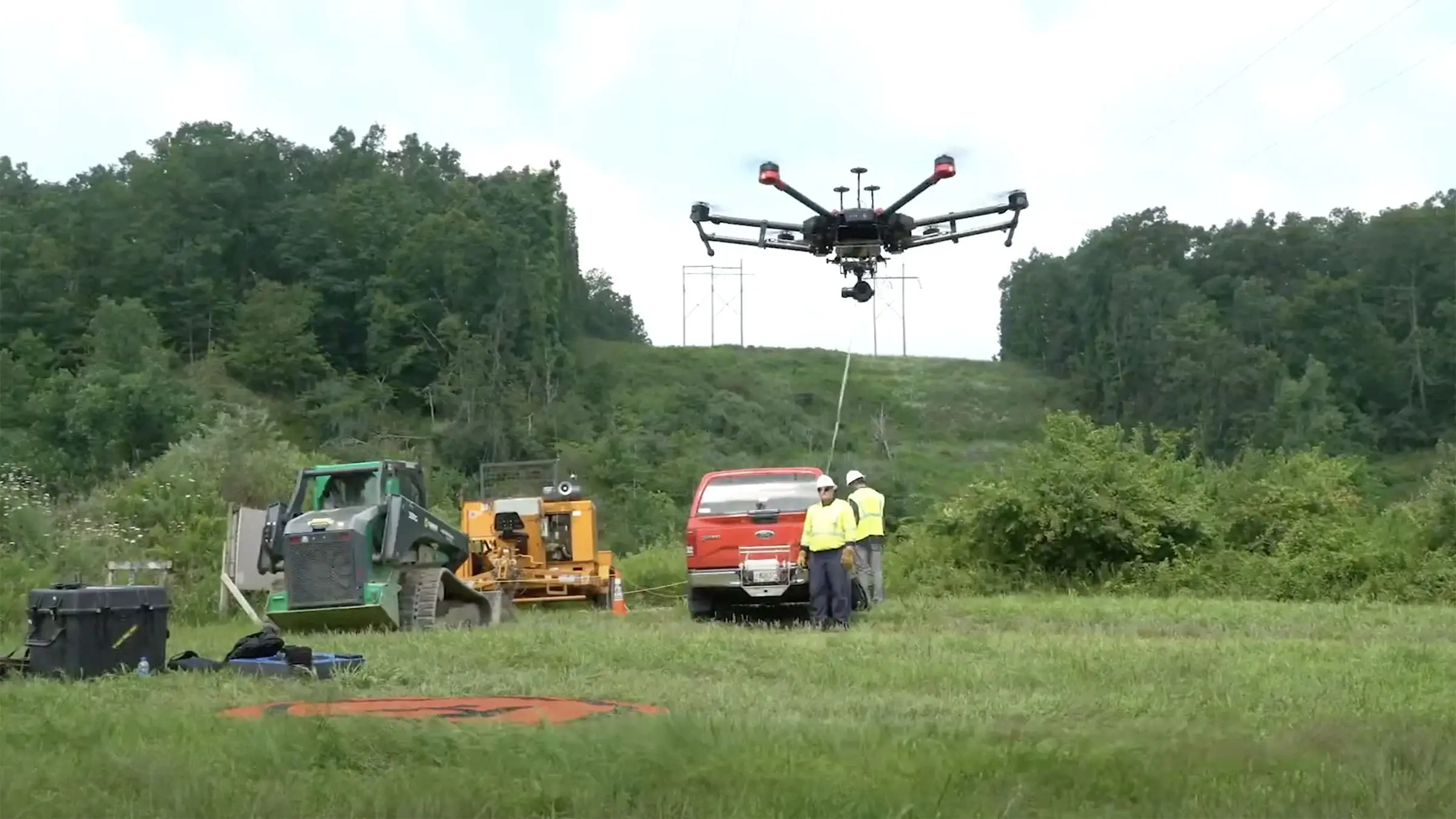Drone replaces a shield wire on a Michels Power project.