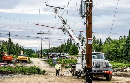 A Michels power truck operates on a power line that spans a forest landscape