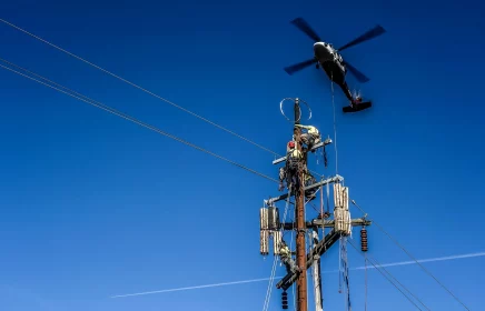A Michels Power crew operates on a power pole with a helicopter nearby
