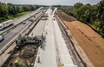 A paving crew works along a busy interstate.